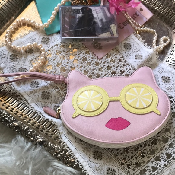 Betsey Johnson Luv Betsey Wristlet Bag Kitty Cat Animal Pink Blush Lemon Fruit - Picture 1 of 16